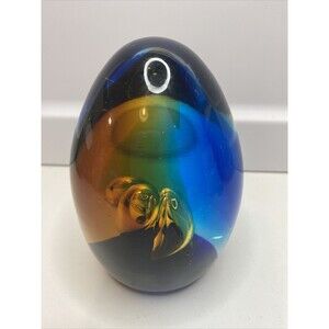 4.25" Art Glass Paperweight Egg Blue Brown Orange Suspended Bubble Figurine